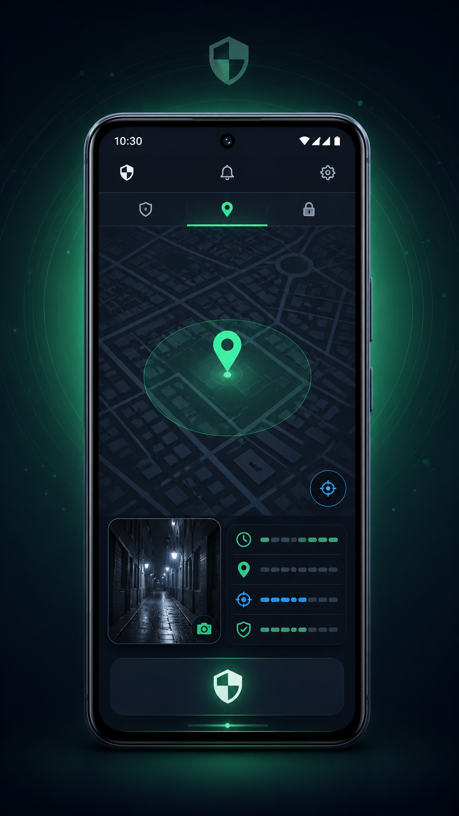 SafeMyPhone security interface showing a protected location evidence map