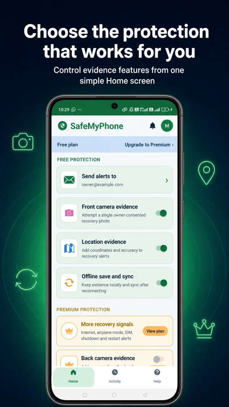 SafeMyPhone activity card showing a wrong unlock alert with photo and map evidence